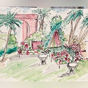 Tropical Watercolor Art original painting colony hotel
